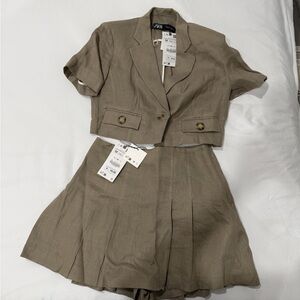Zara Beige Cropped Blazer and Skirt Set (linen material)